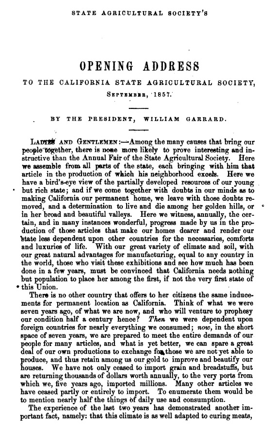 California State Agricultural Society Opening Address 1857