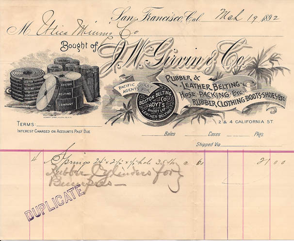 J W Girvin Co. - March 19, 1892 - Utica Mine billhead for springs, rubber cylinders for bumpers