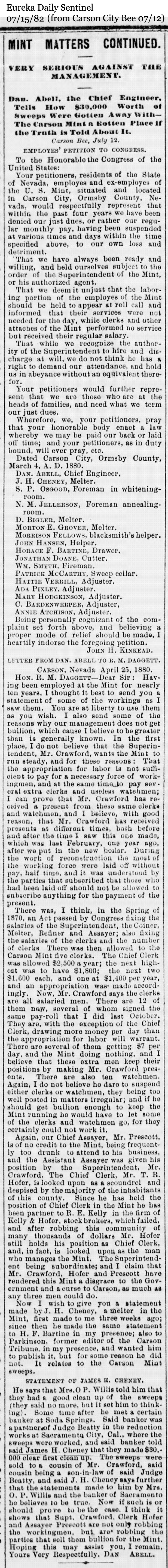 Article from Carson Bee July 15, 1882 accusations by employees against the Carson City Mint Management regarding theft and bribery