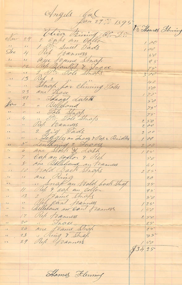 Thomas Fleming Harness Repair Bill - Utica Mine, January 29, 1895