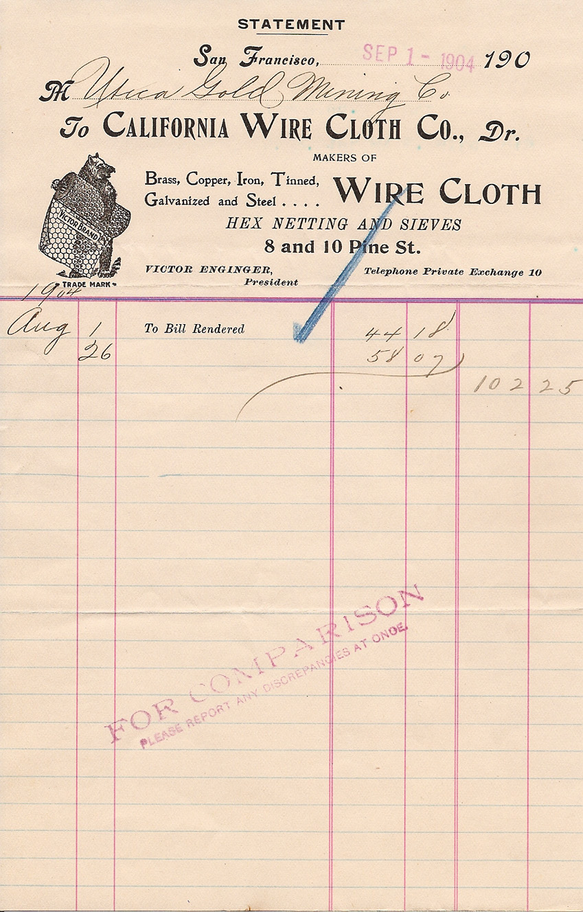 California Wire Cloth Company - Billhead - Utica Mine 1904