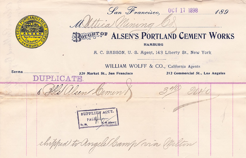 Alsen;s Portland Cement Works - Billhead - Utica Mine 1898