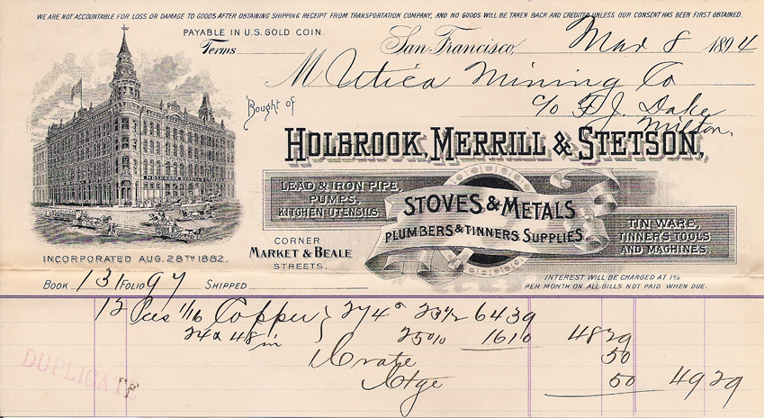 Holbrook Merrill & Stetson - Billhead -Utica Mine 1894