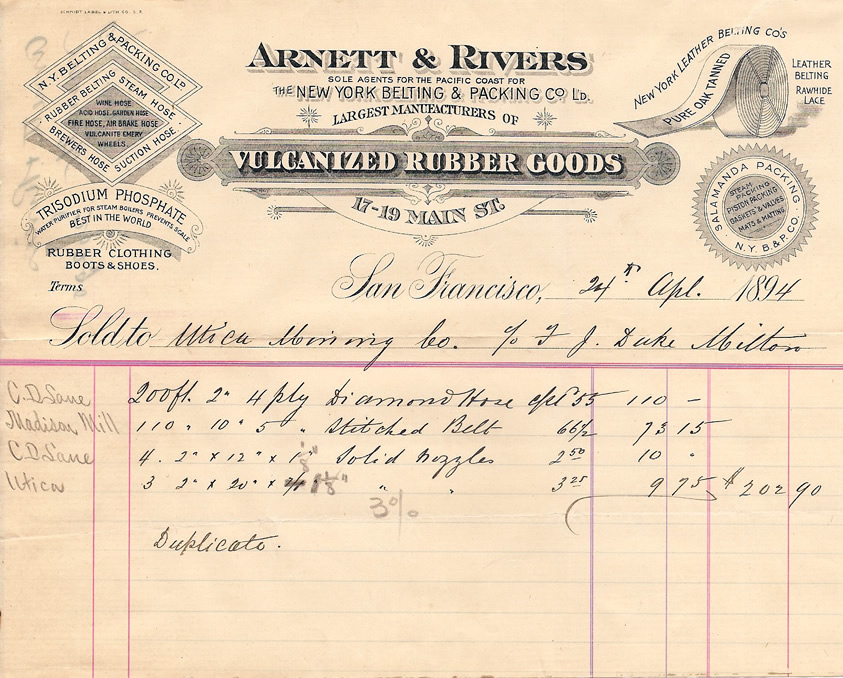 Arnett, Rivers - Billhead -Utica Mining Co. 1894