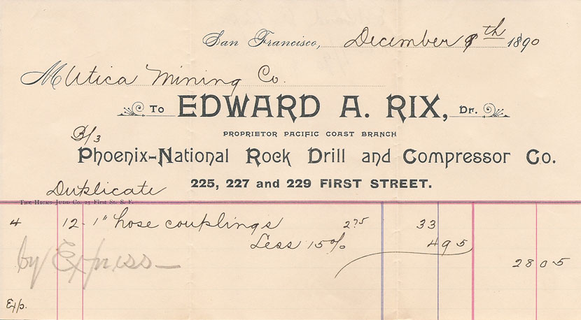 Utica Mine - Edward A. Rix - Billhead - Couplings, 1890