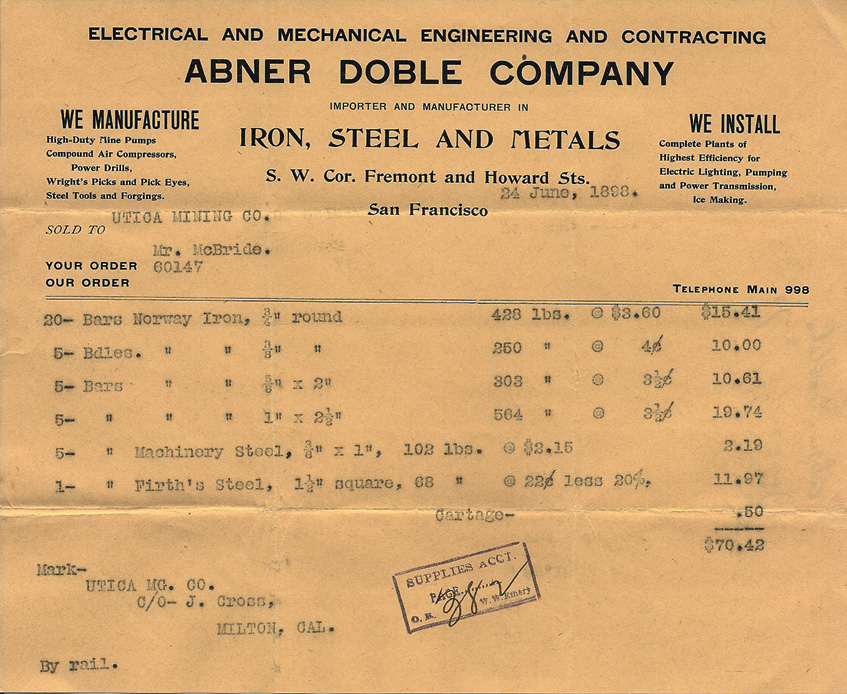 Abner, Doble Co. - Billhead - Utica Mine 1898