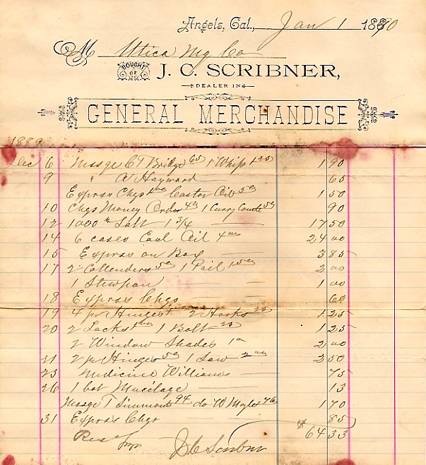 Utica Mining Company - J. C. Scribner Bill January 1, 1890