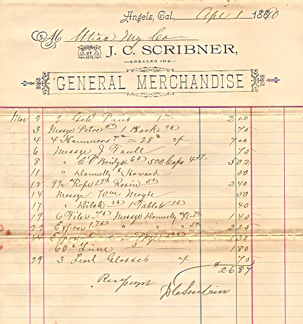 Utica Mining Company - J. C. Scribner, April 1, 1890 - Bill for general merchandise 