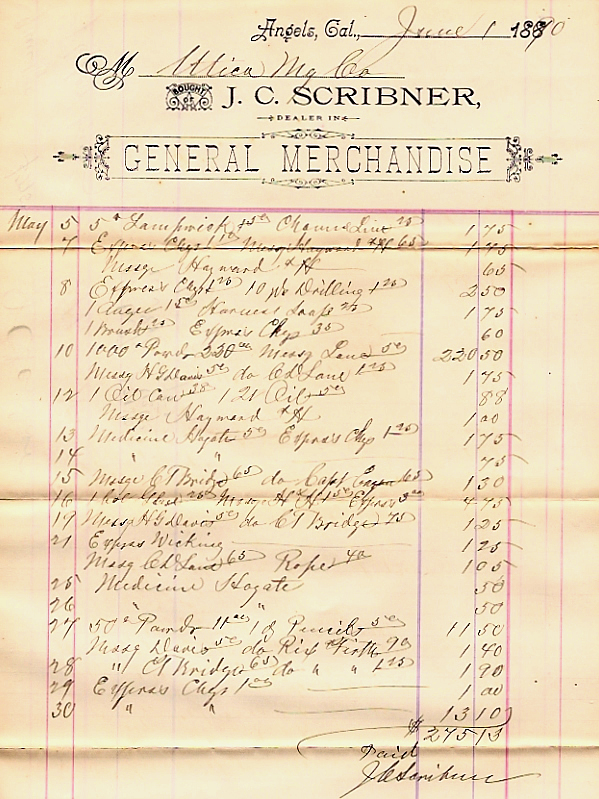 J. C. Scribner bill to Utica Mine for general merchandise June 1, 1890