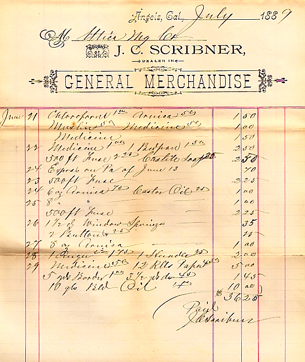 Utica Mining Co. - J.C. Scribner bill July 1889