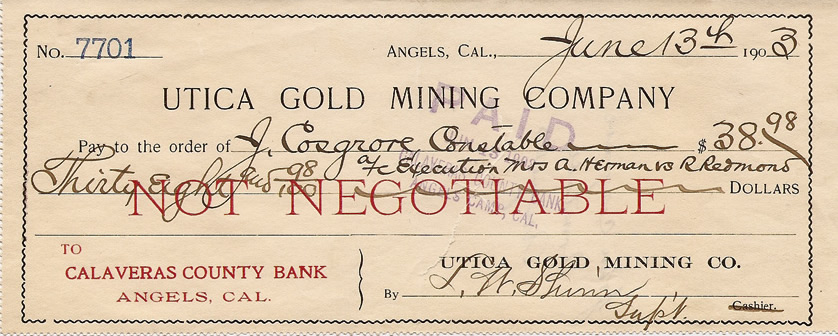 J Cosgrove - Angels Camp, receipt Utica Mine 1893