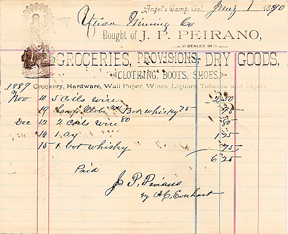 Utica Mining Company - J. P. Peirano Groceries Provisions and Dry Goods, Angels Camp, CA - January 1, 1890