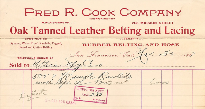 Fred R Cook Co. - Utica Mine bill 1897
