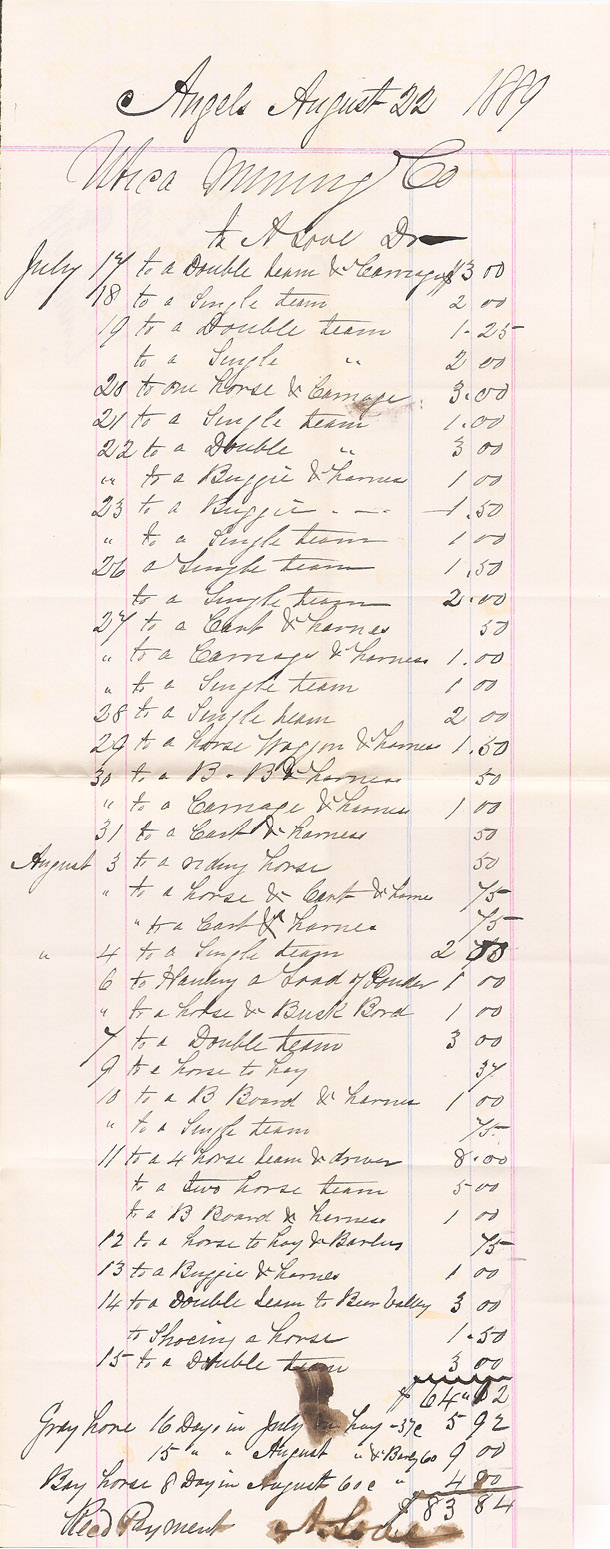 Utica Mine Livery Bill August 1889