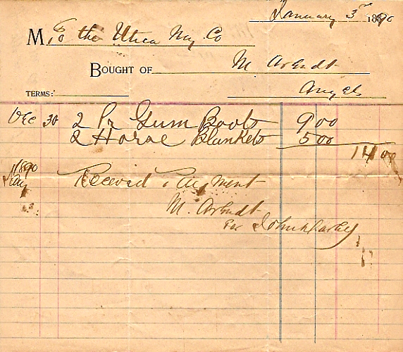 Utica Mining Company - M. Arendt - Bill for Gum boots and horse blankets, January 3, 1890