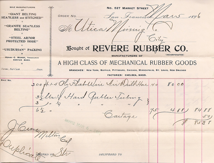 Revere Rubber Co - Billhead - Utica Mine 1896