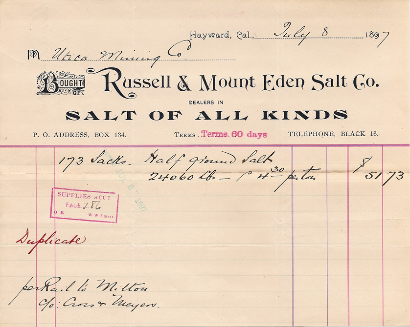 Mt. Eden Salt Co. Hayward CA 1897 receipt Utica Mine